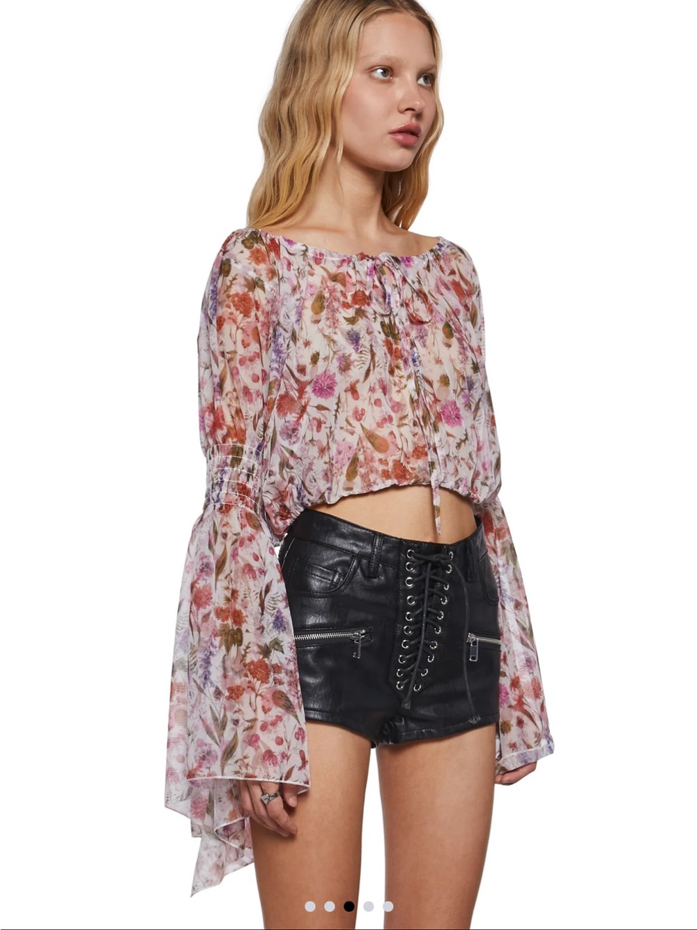 Current Mood Pink Floral Off-Shoulder Bell-Sleeve Crop Top